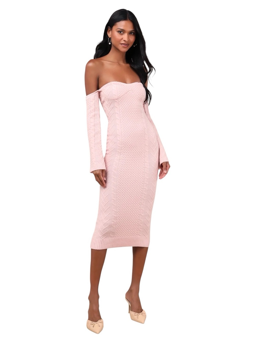 Lulus Cuddly Element Cable Knit Off-Shoulder Midi Dress Large Pink NWT